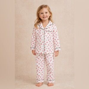 100% Cotton Preppy Classic Kids Pajama Set Cherry Motif Soft Gauzy Cotton Linen